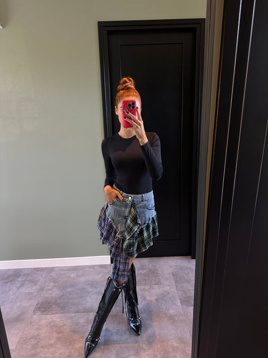 Denim rok met geruite stoffen