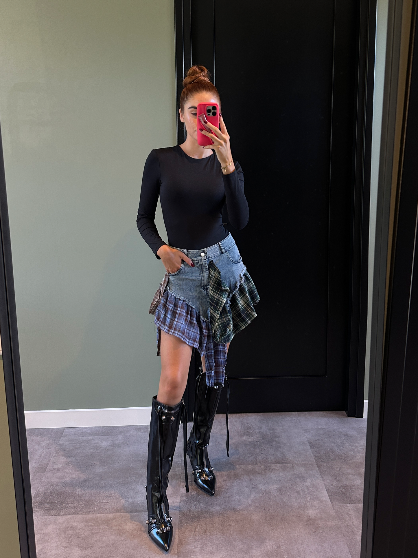 Denim rok met geruite stoffen