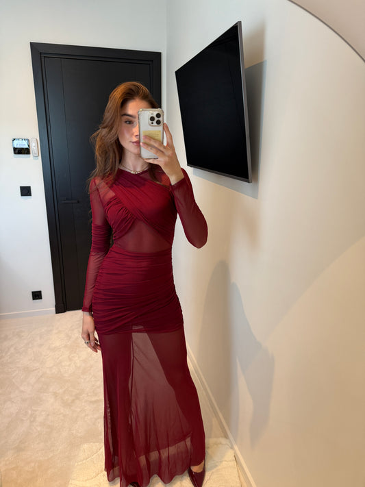 Mesh Overlay Dress Bordeaux