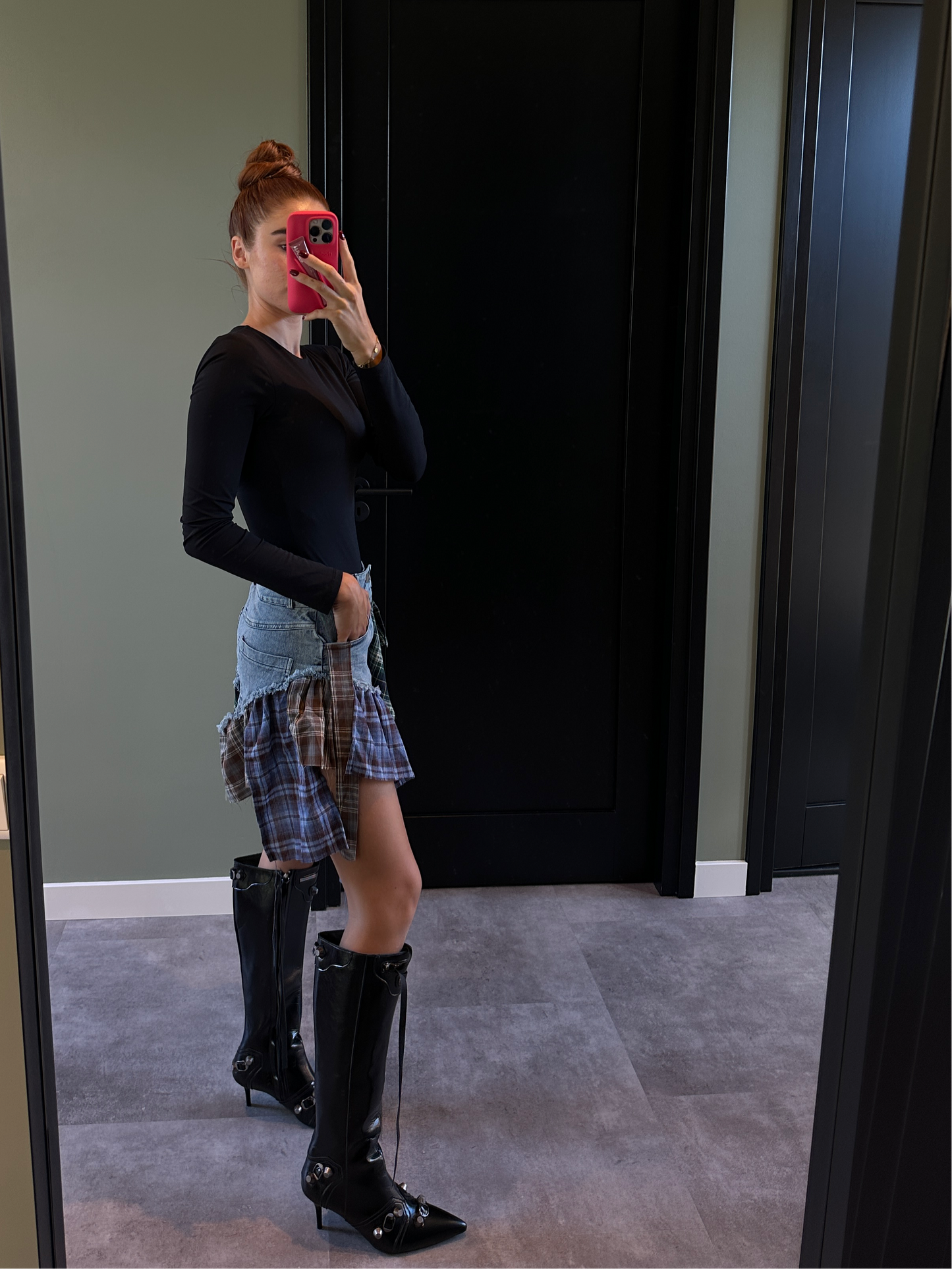 Denim rok met geruite stoffen