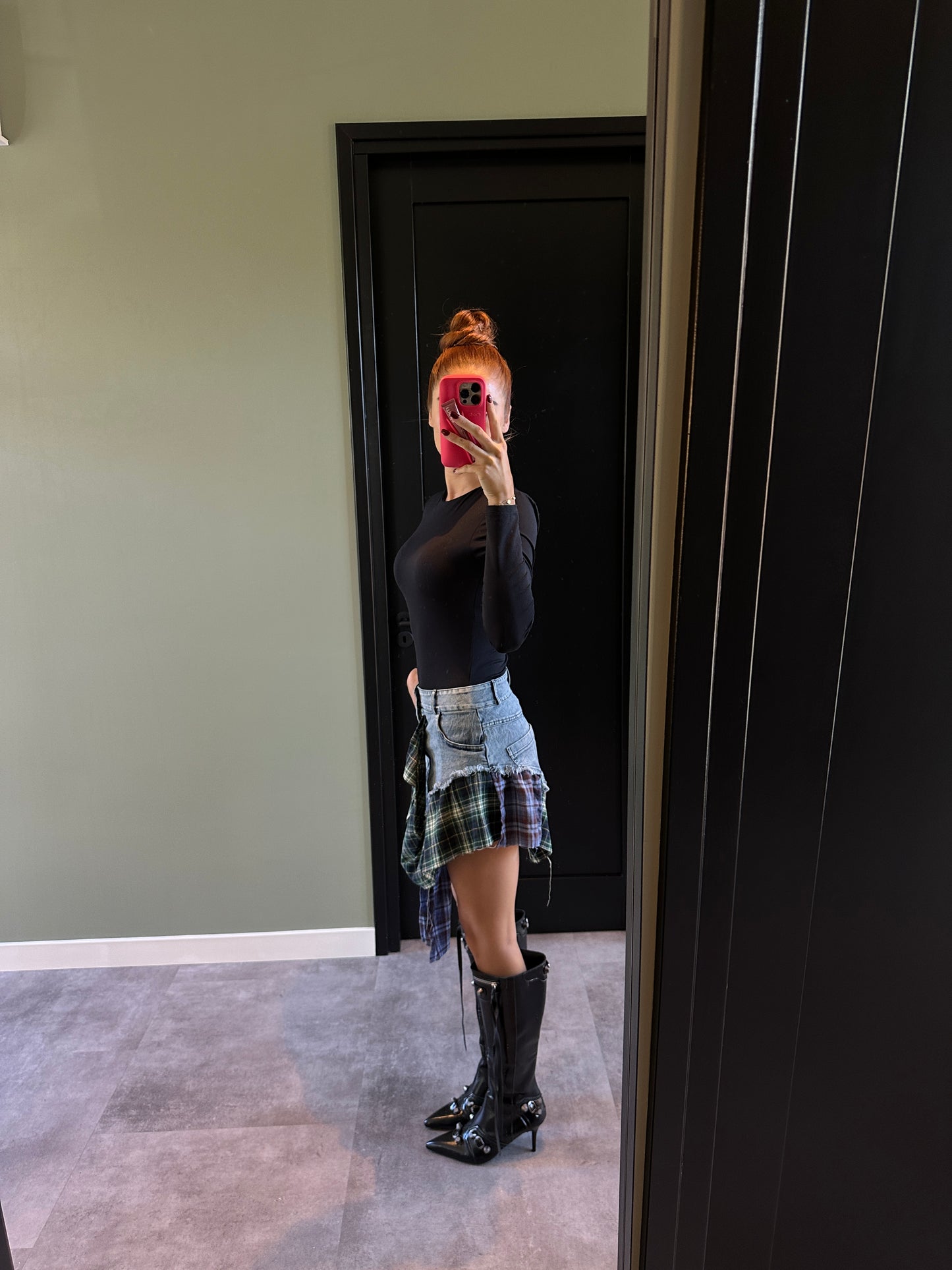 Denim rok met geruite stoffen